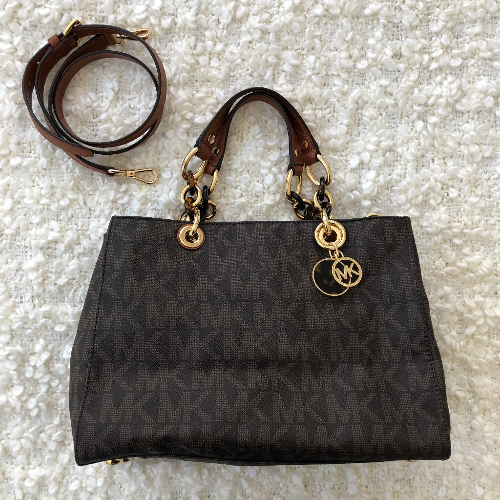 Michael Kors Dark Brown Mk Logo Satchel With Gold Hardware